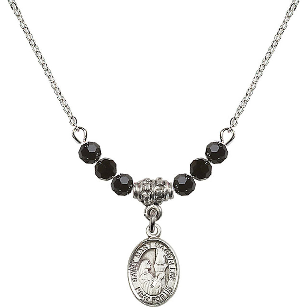 Sterling Silver Saint Mary Magdalene Birthstone Necklace with Jet Beads - 9071