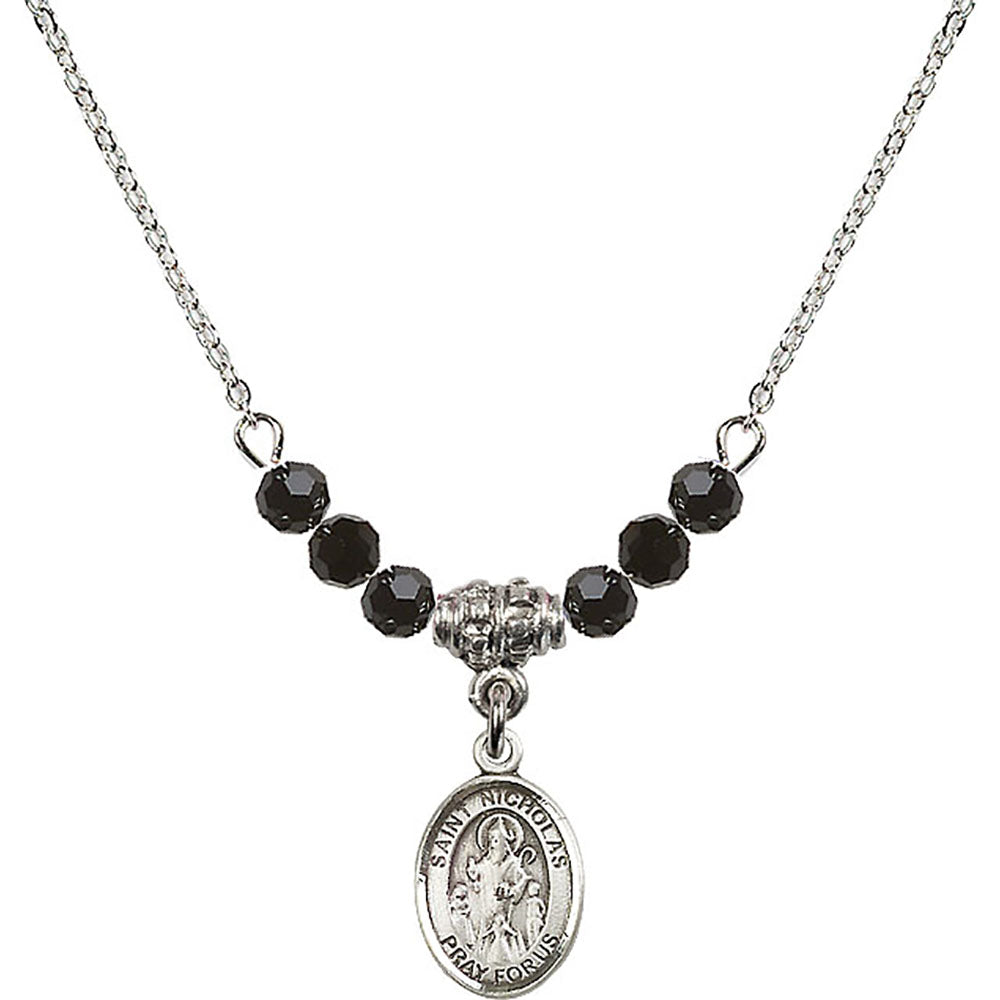 Sterling Silver Saint Nicholas Birthstone Necklace with Jet Beads - 9080