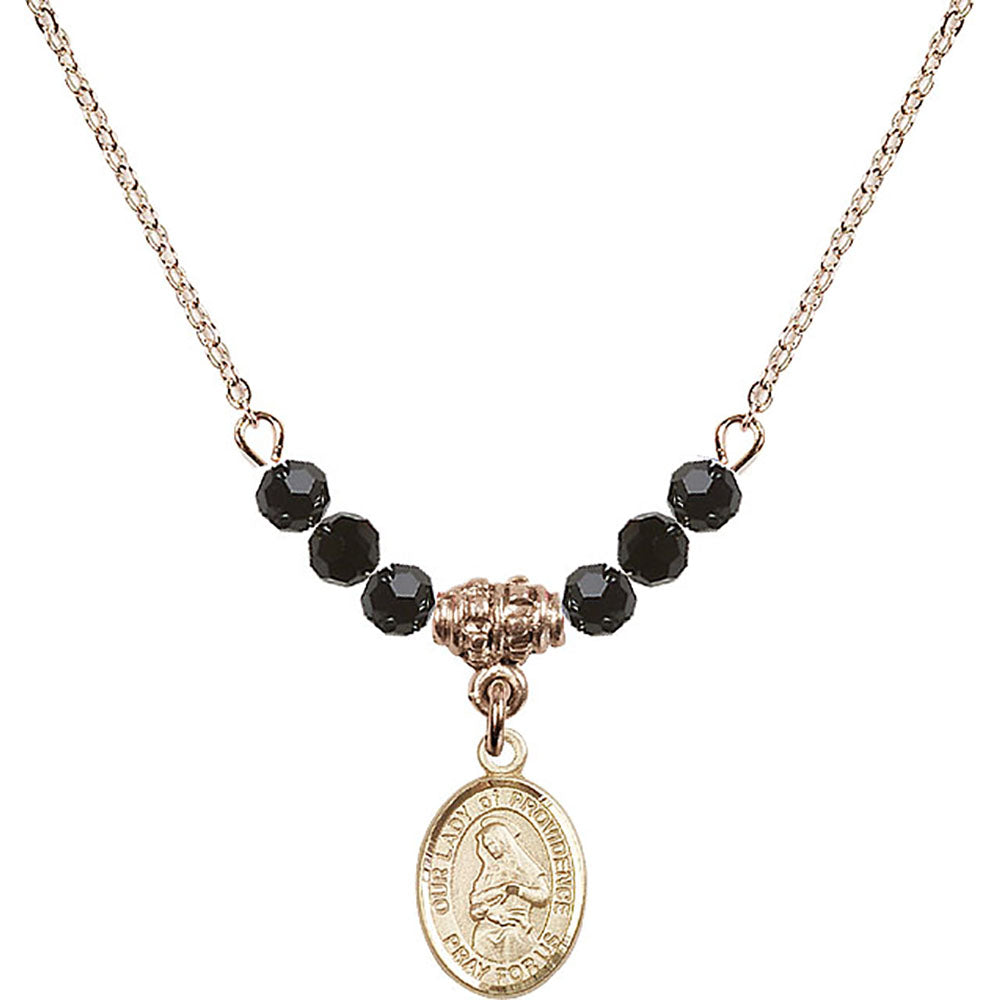 14kt Gold Filled Our Lady of Providence Birthstone Necklace with Jet Beads - 9087