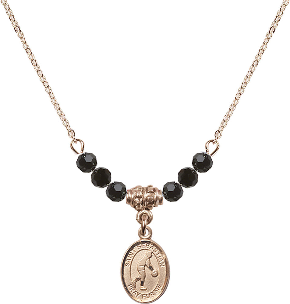 14kt Gold Filled Saint Sebastian/Basketball Birthstone Necklace with Jet Beads - 9163