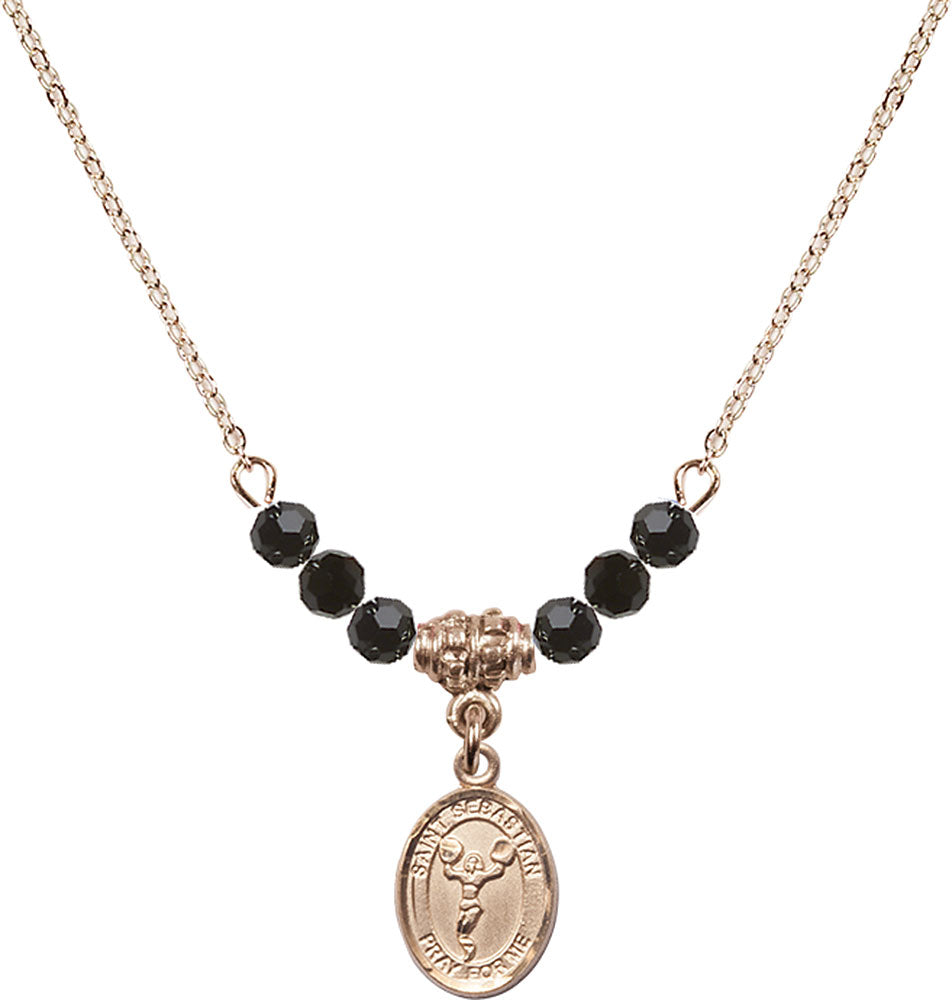 14kt Gold Filled Saint Sebastian/Cheerleading Birthstone Necklace with Jet Beads - 9170