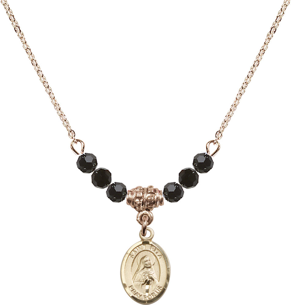 14kt Gold Filled Saint Rita / Baseball Birthstone Necklace with Jet Beads - 9181