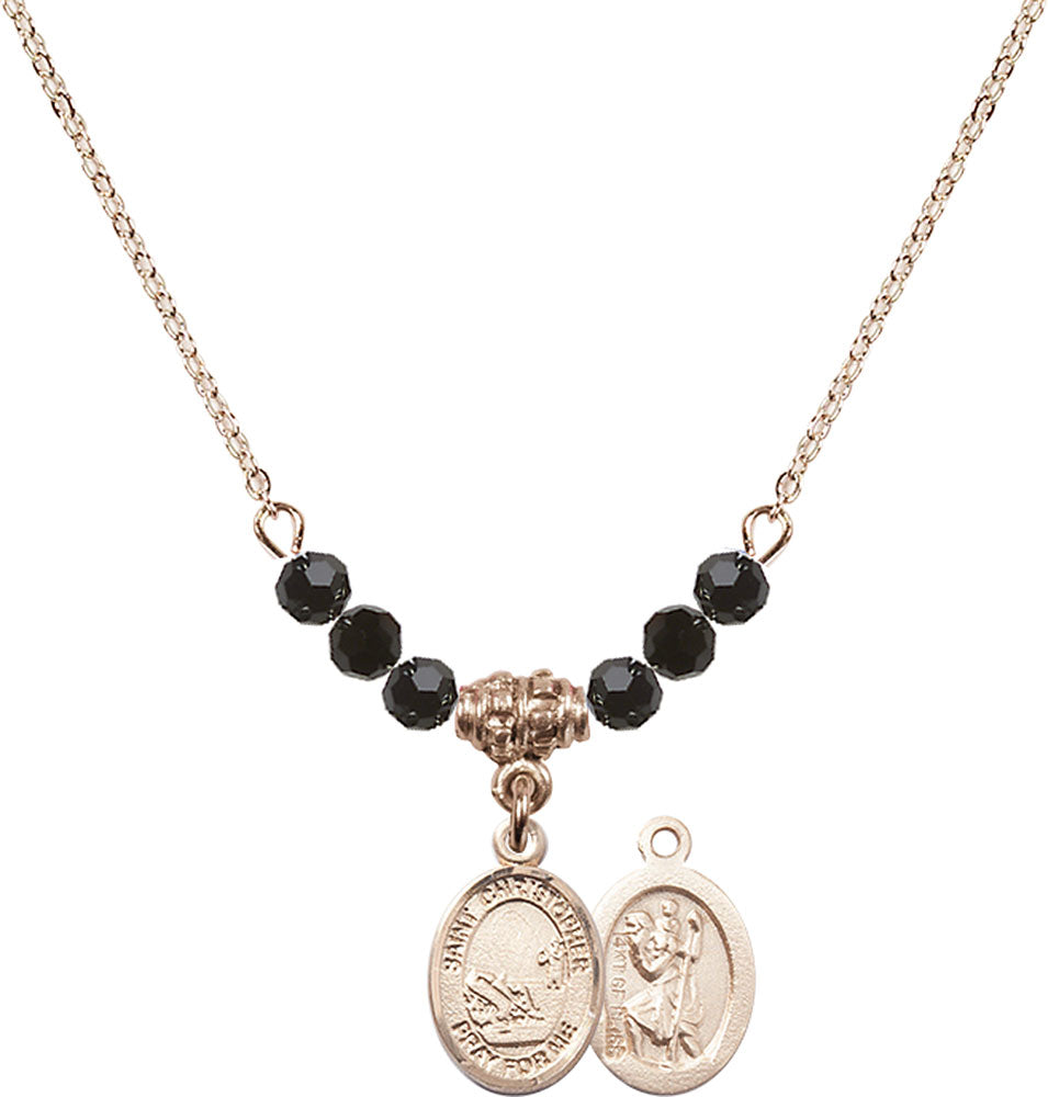 14kt Gold Filled Saint Christopher / Fishing Birthstone Necklace with Jet Beads - 9196