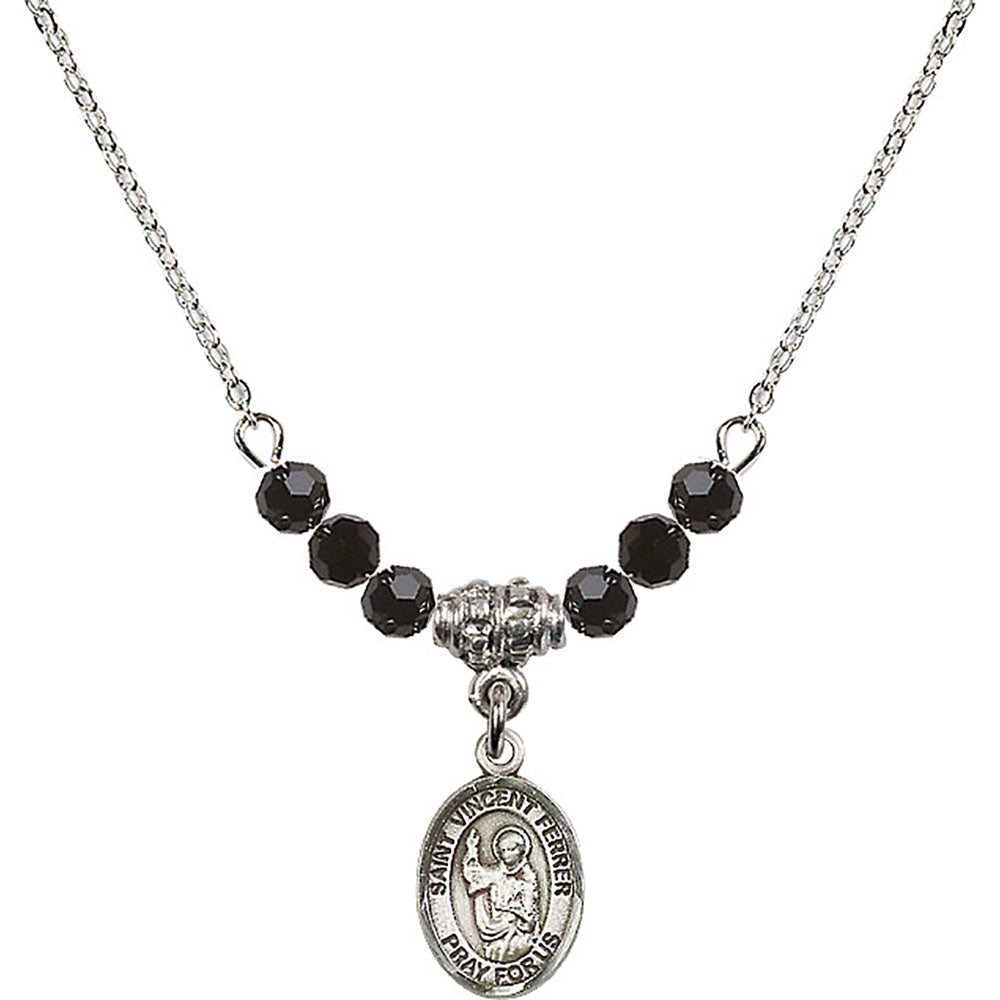 Sterling Silver Saint Vincent Ferrer Birthstone Necklace with Jet Beads - 9201