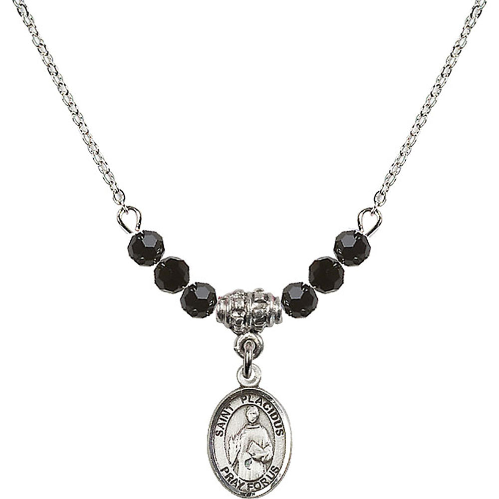 Sterling Silver Saint Placidus Birthstone Necklace with Jet Beads - 9240