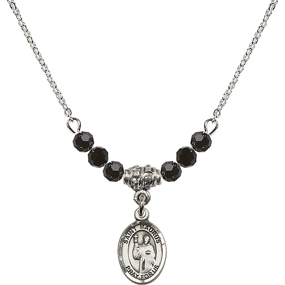 Sterling Silver Saint Maurus Birthstone Necklace with Jet Beads - 9241