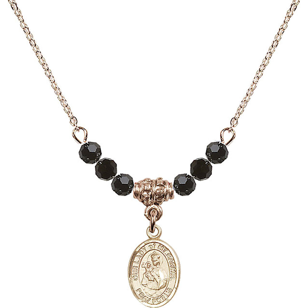14kt Gold Filled Our Lady of Mount Carmel Birthstone Necklace with Jet Beads - 9243