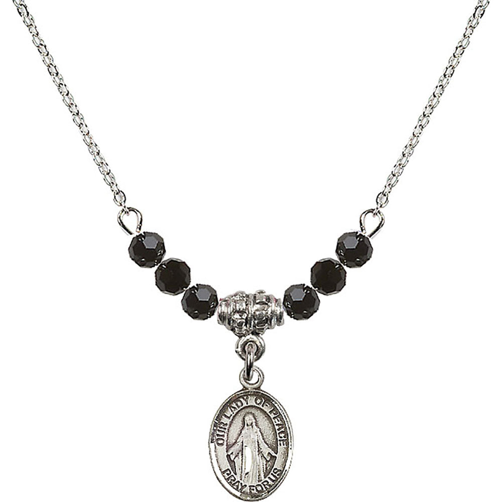 Sterling Silver Our Lady of Peace Birthstone Necklace with Jet Beads - 9245
