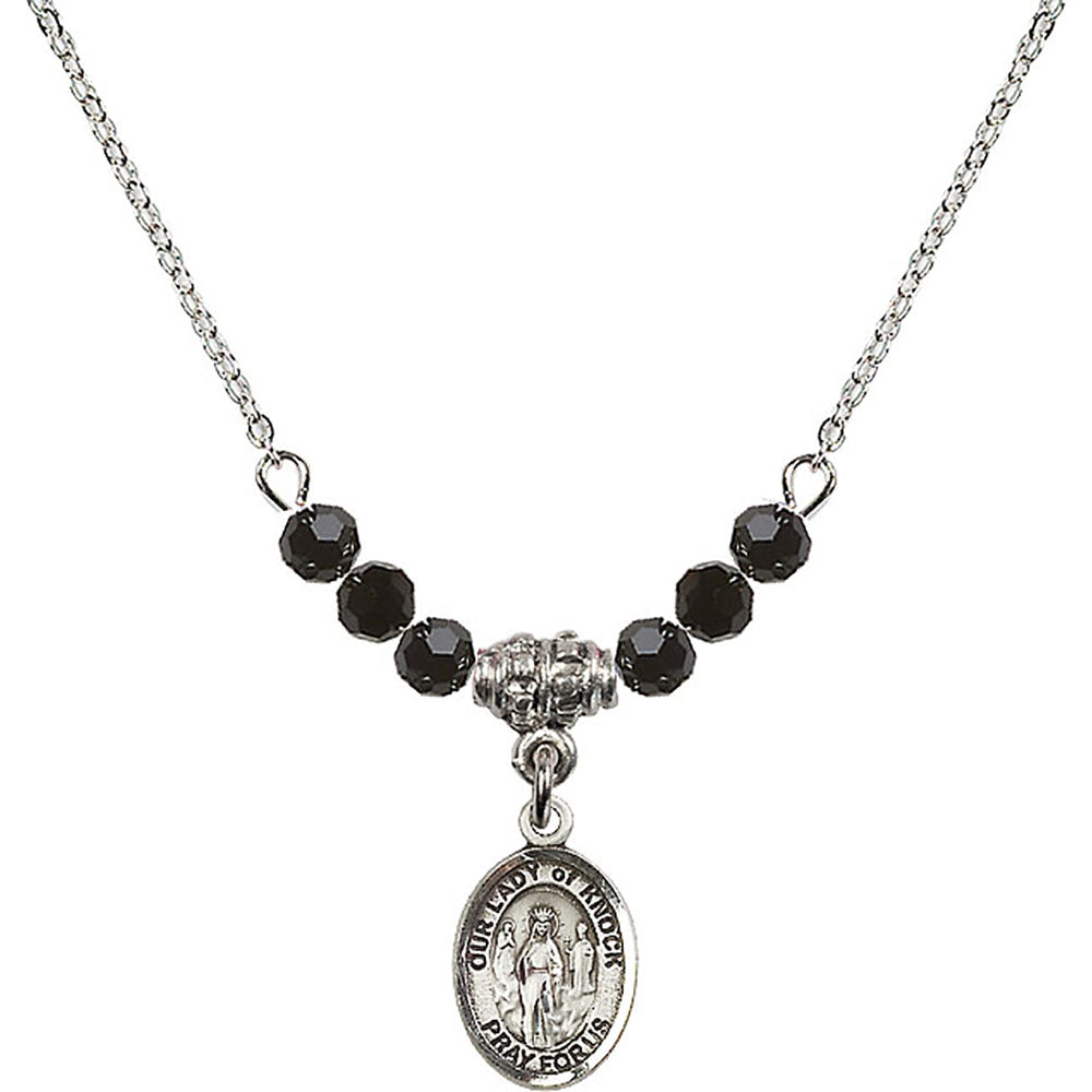Sterling Silver Our Lady of Knock Birthstone Necklace with Jet Beads - 9246
