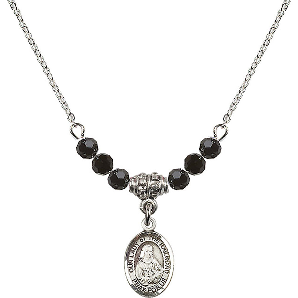 Sterling Silver Our Lady of the Railroad Birthstone Necklace with Jet Beads - 9247