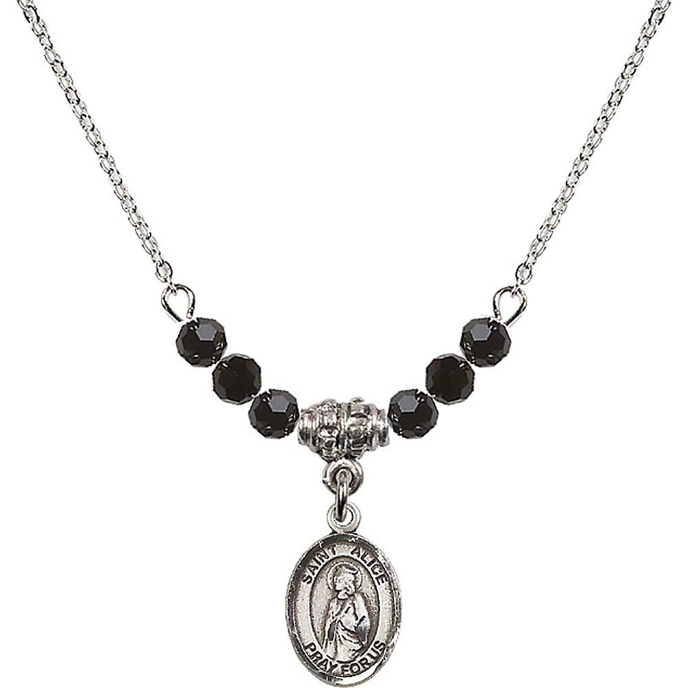 Sterling Silver Saint Alice Birthstone Necklace with Jet Beads - 9248