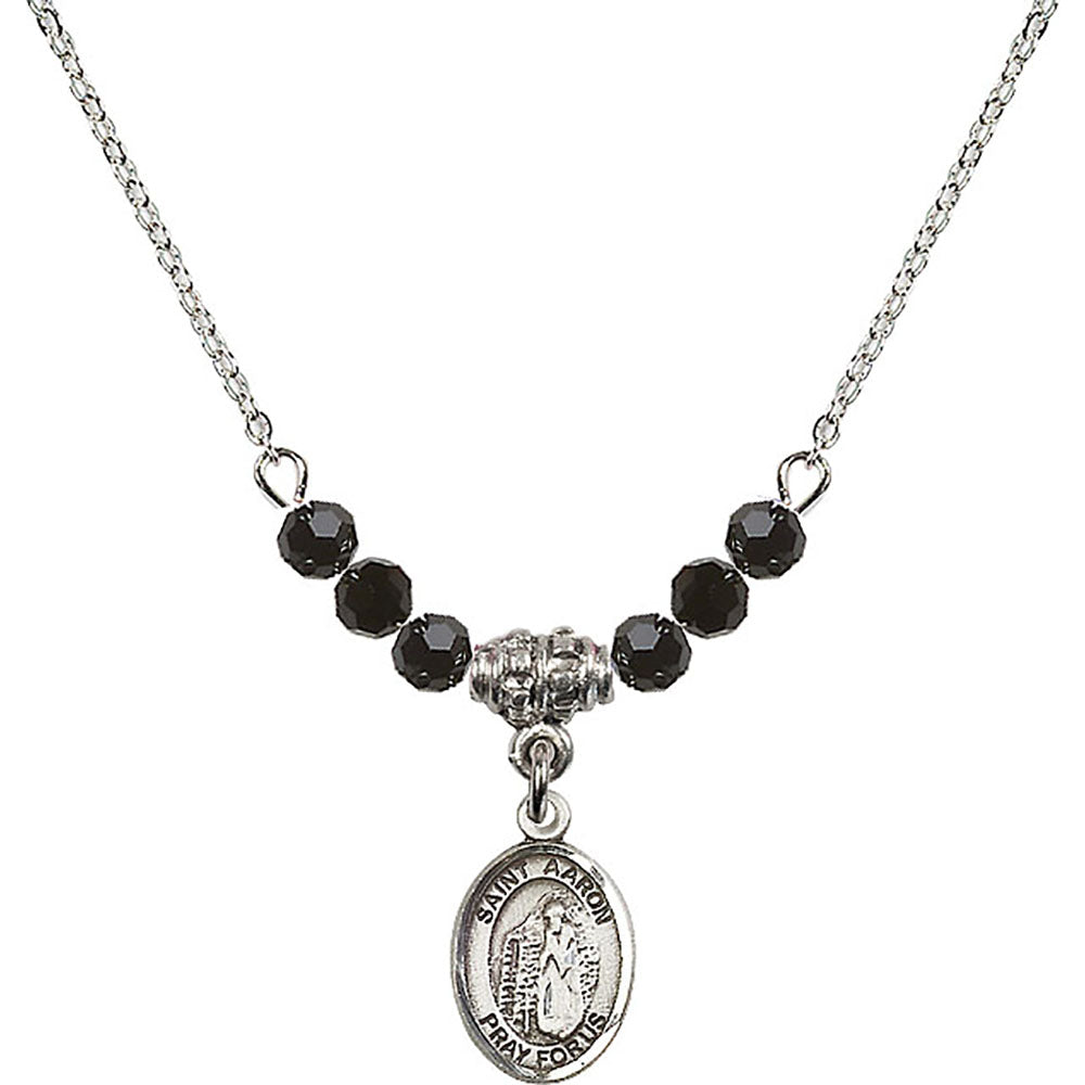 Sterling Silver Saint Aaron Birthstone Necklace with Jet Beads - 9254