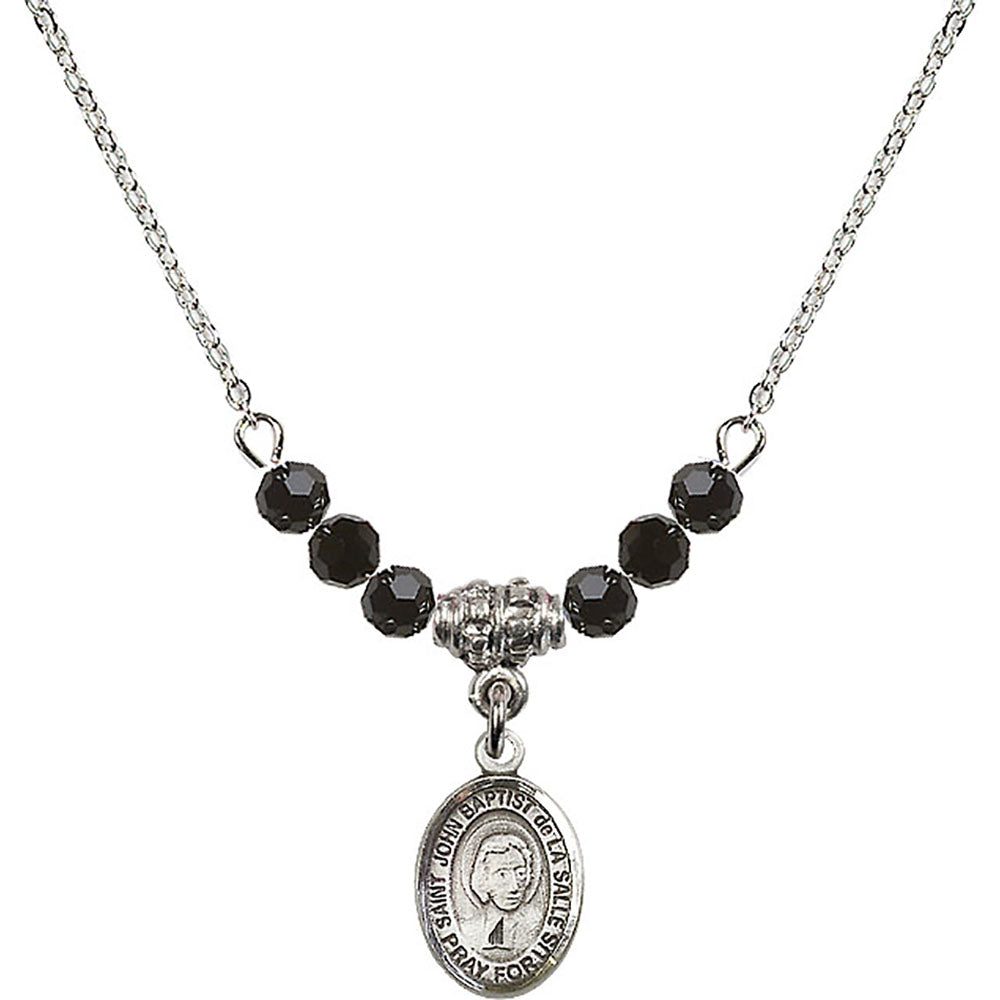 Sterling Silver Saint John Baptist de la Salle Birthstone Necklace with Jet Beads - 9262