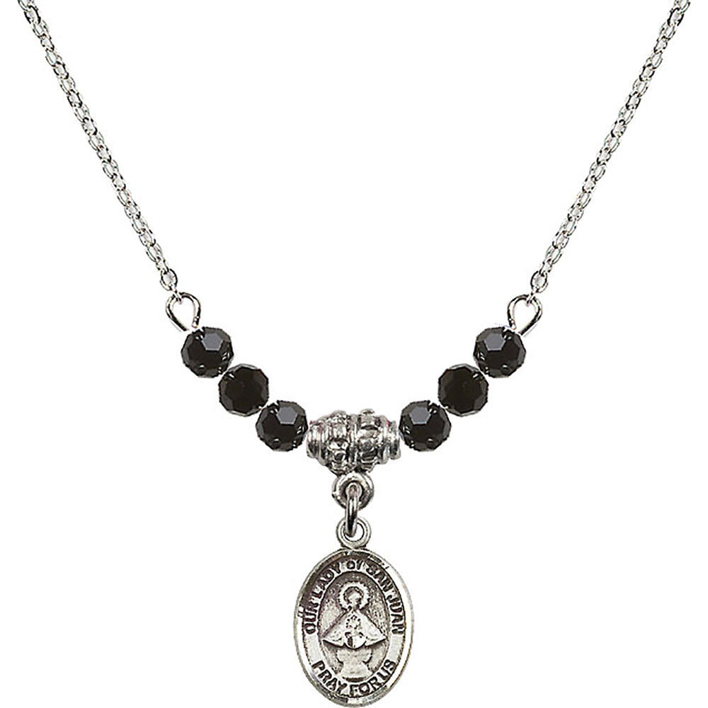 Sterling Silver Our Lady of San Juan Birthstone Necklace with Jet Beads - 9263