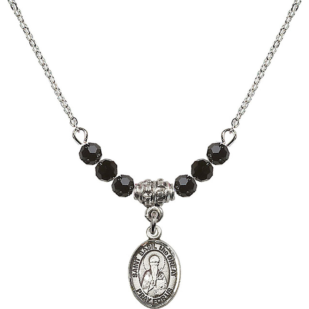 Sterling Silver Saint Basil the Great Birthstone Necklace with Jet Beads - 9275