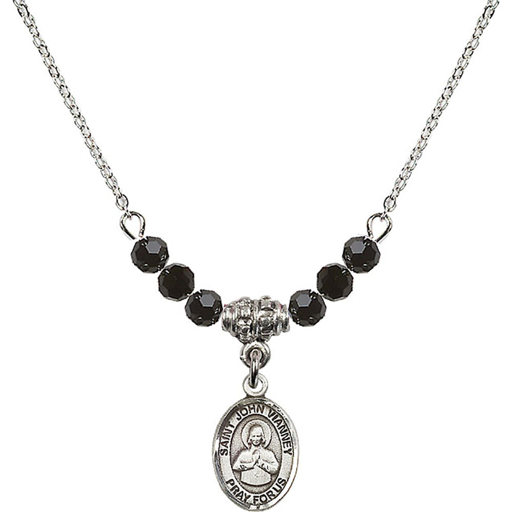 Sterling Silver Saint John Vianney Birthstone Necklace with Jet Beads - 9282