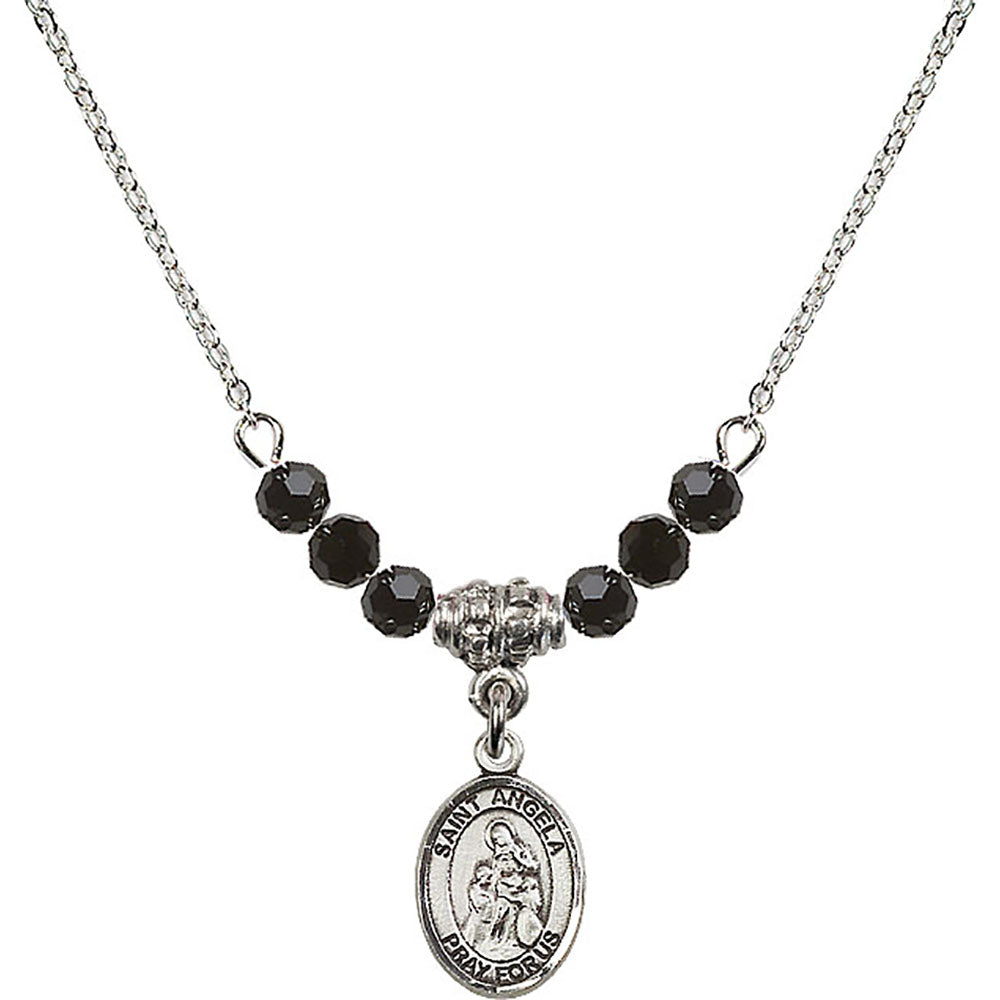Sterling Silver Saint Angela Merici Birthstone Necklace with Jet Beads - 9284