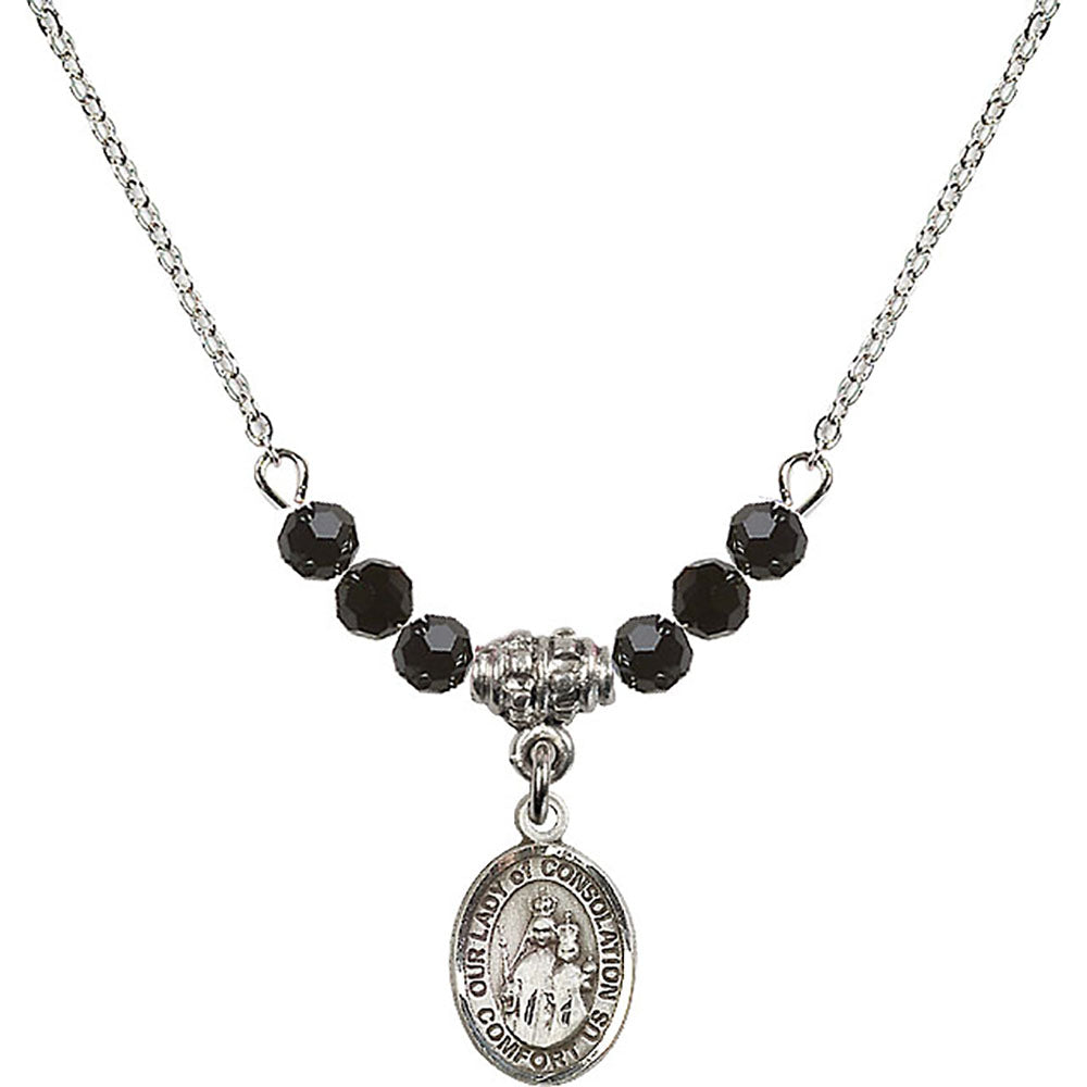 Sterling Silver Our Lady of Consolation Birthstone Necklace with Jet Beads - 9292