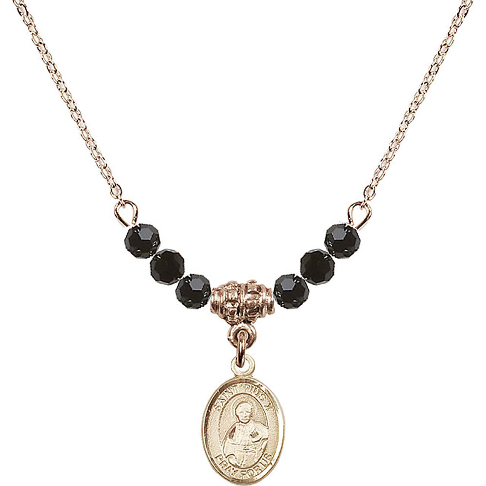 14kt Gold Filled Saint Pius X Birthstone Necklace with Jet Beads - 9305