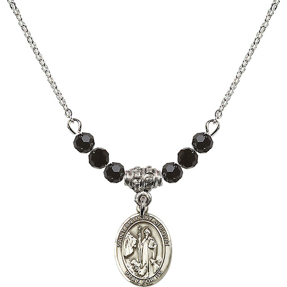 Sterling Silver Saint Anthony of Egypt Birthstone Necklace with Jet Beads - 9317