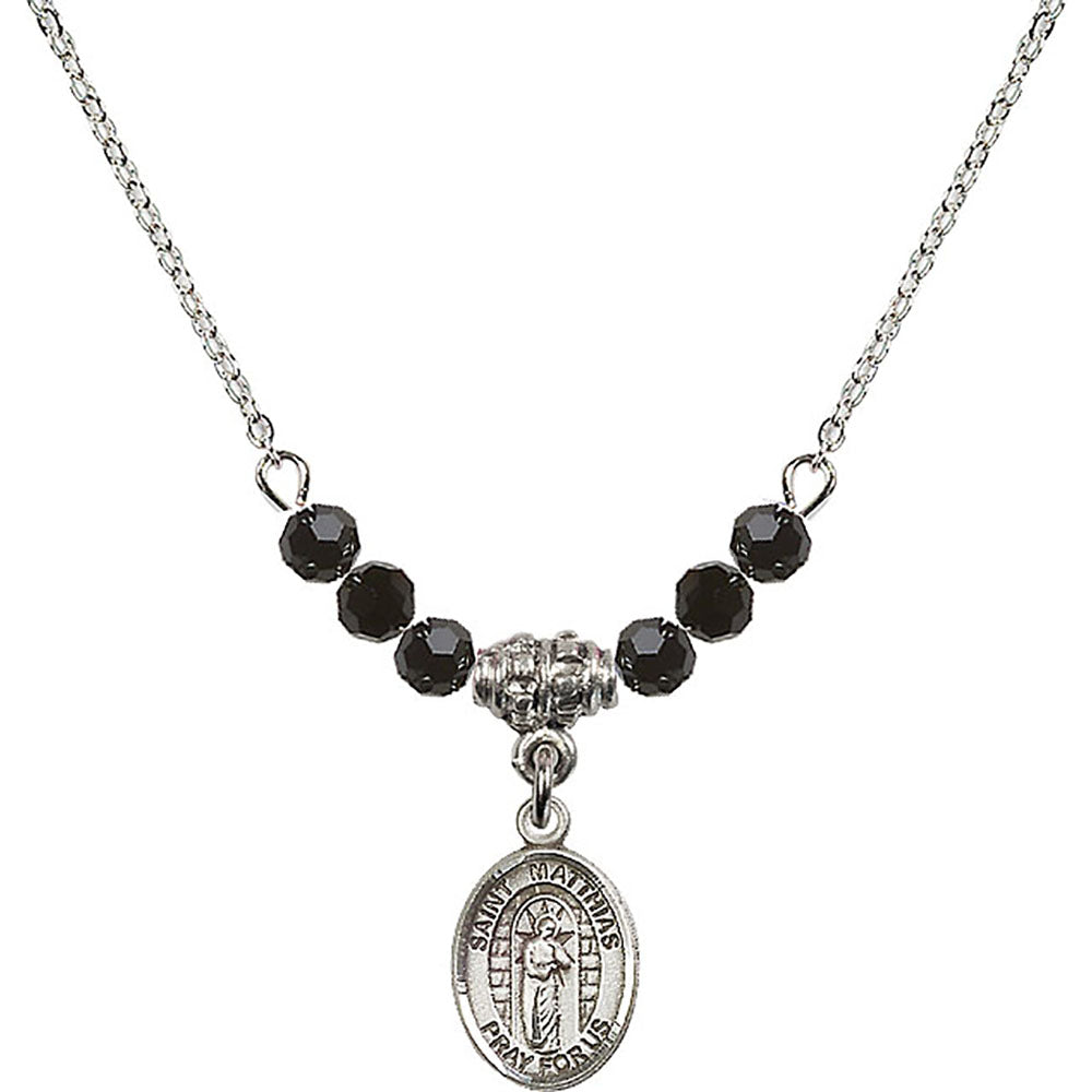 Sterling Silver Saint Matthias the Apostle Birthstone Necklace with Jet Beads - 9331