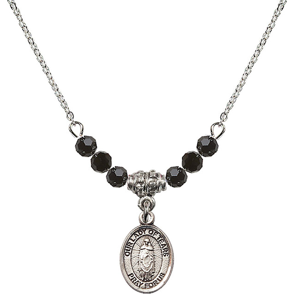 Sterling Silver Our Lady of Tears Birthstone Necklace with Jet Beads - 9346