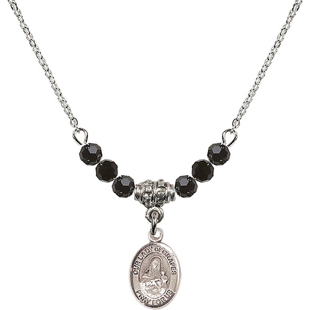 Sterling Silver Our Lady of Grapes Birthstone Necklace with Jet Beads - 9347