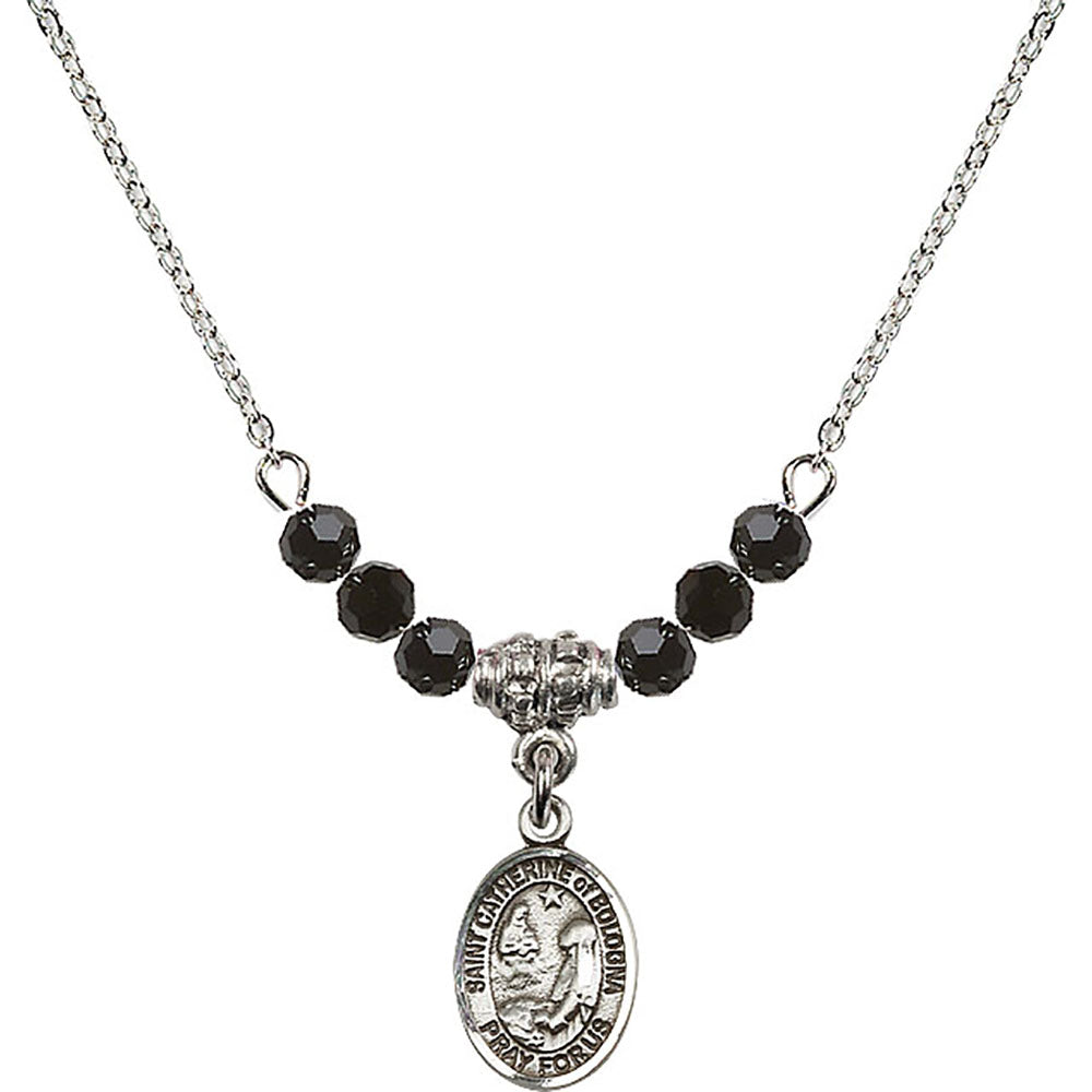 Sterling Silver Saint Catherine of Bologna Birthstone Necklace with Jet Beads - 9354