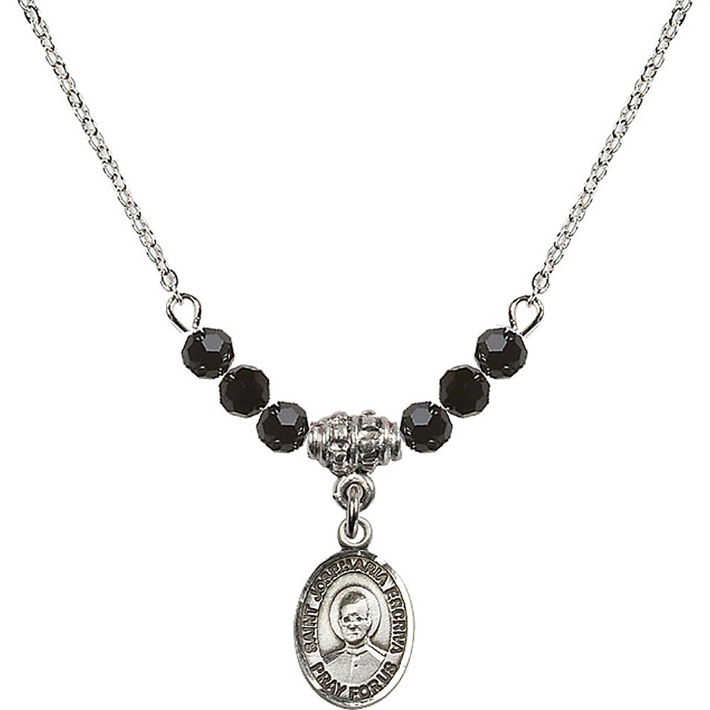 Sterling Silver Saint Josemaria Escriva Birthstone Necklace with Jet Beads - 9362