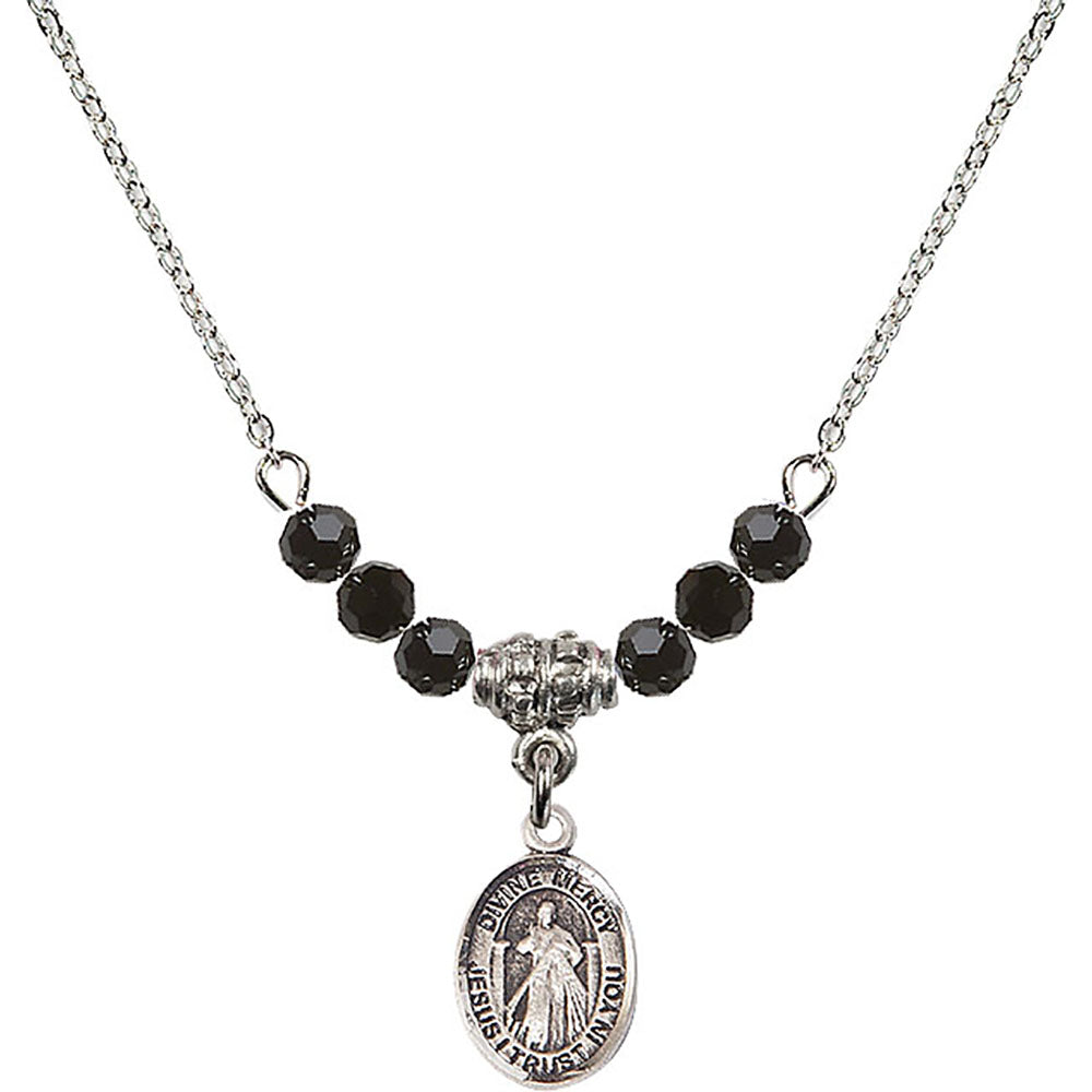 Sterling Silver Divine Mercy Birthstone Necklace with Jet Beads - 9366