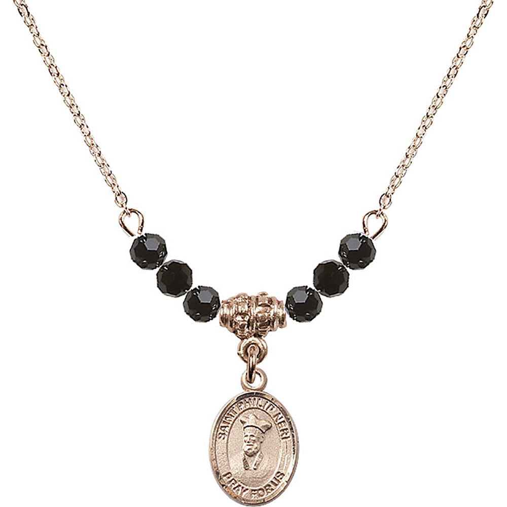 14kt Gold Filled Saint Philip Neri Birthstone Necklace with Jet Beads - 9369
