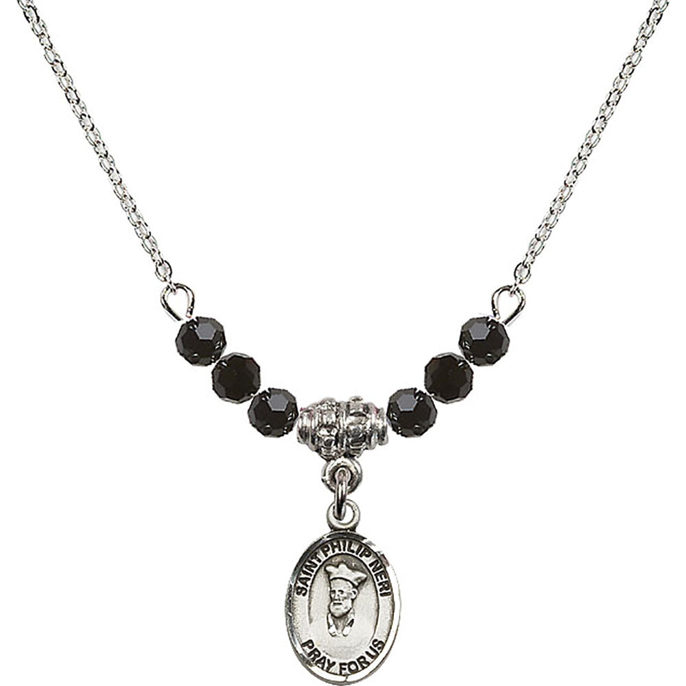Sterling Silver Saint Philip Neri Birthstone Necklace with Jet Beads - 9369