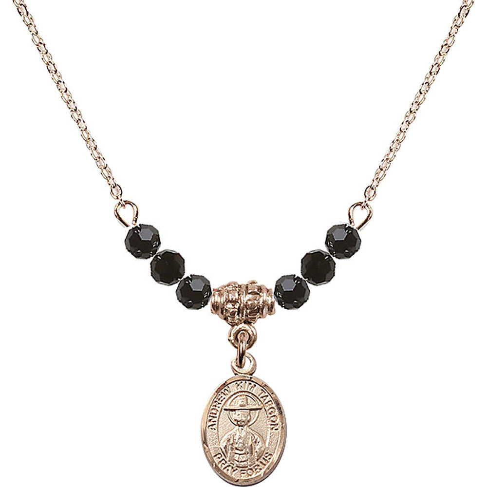 14kt Gold Filled Saint Andrew Kim Taegon Birthstone Necklace with Jet Beads - 9373