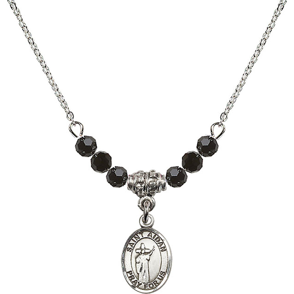 Sterling Silver Saint Aidan of Lindesfarne Birthstone Necklace with Jet Beads - 9381