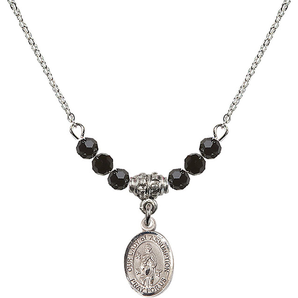 Sterling Silver Our Lady of Assumption Birthstone Necklace with Jet Beads - 9388