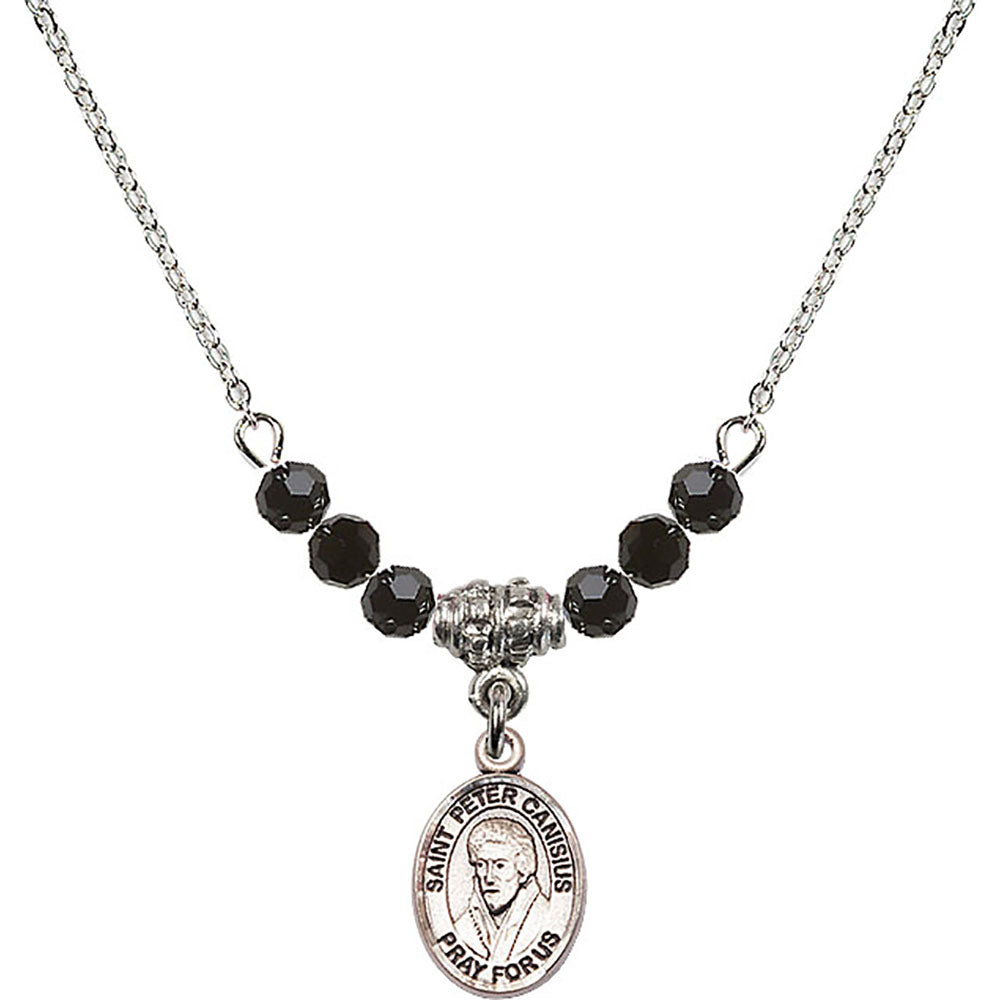 Sterling Silver Saint Peter Canisius Birthstone Necklace with Jet Beads - 9393