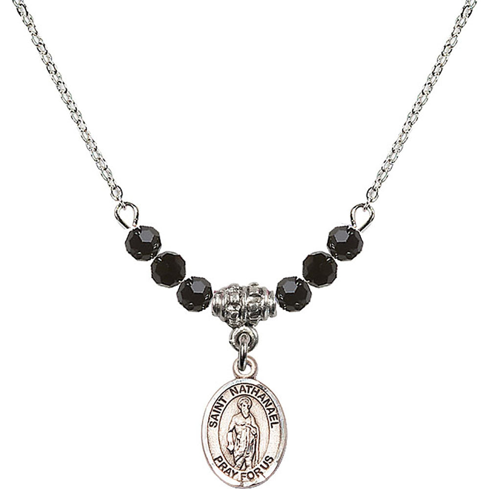 Sterling Silver Saint Nathanael Birthstone Necklace with Jet Beads - 9398