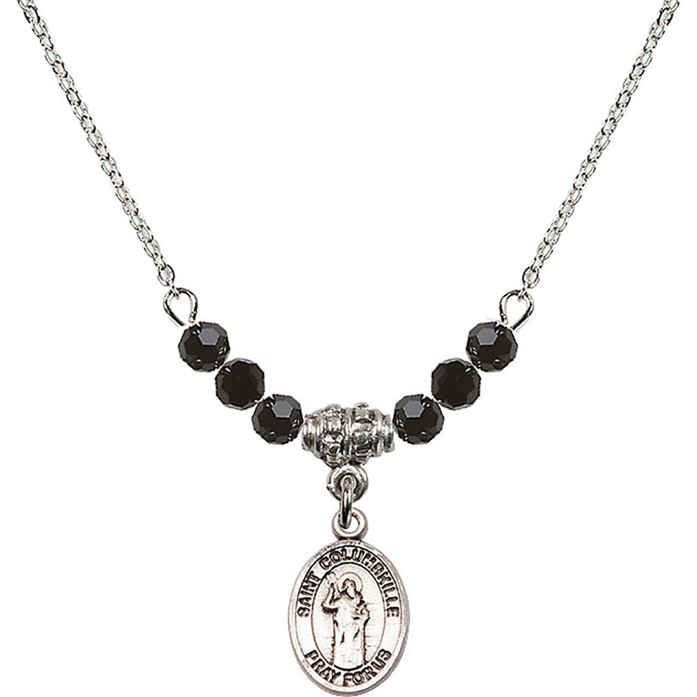 Sterling Silver Saint Columbkille Birthstone Necklace with Jet Beads - 9399