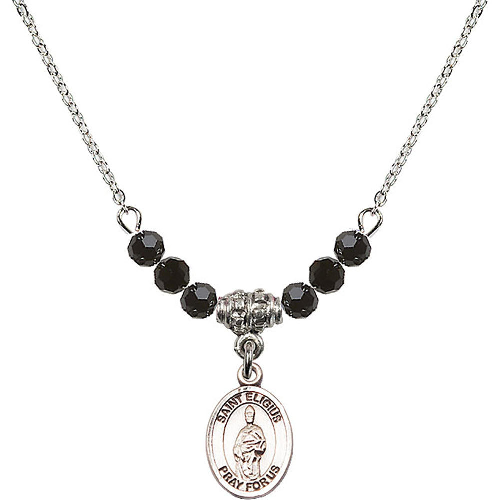 Sterling Silver Saint Eligius Birthstone Necklace with Jet Beads - 9402
