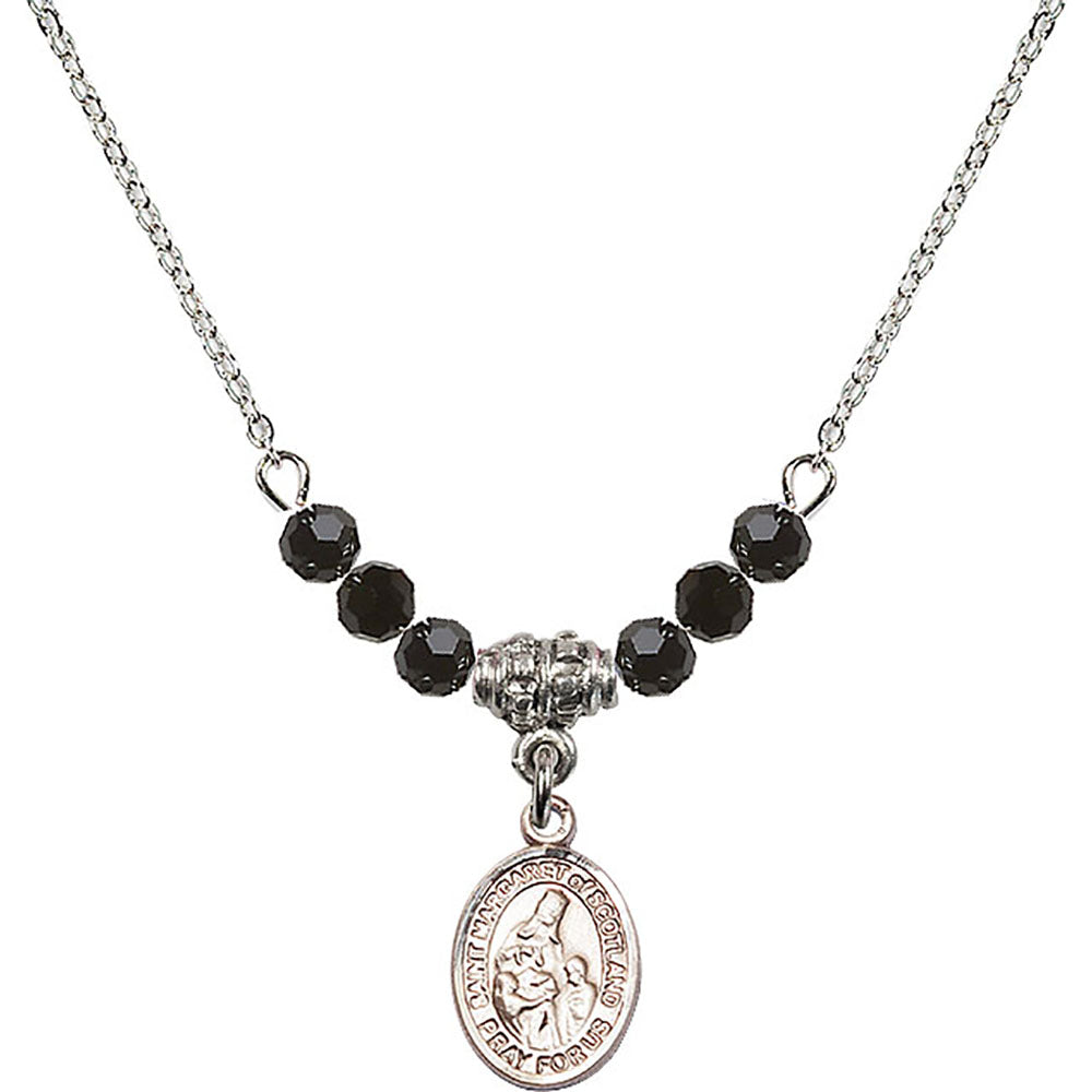 Sterling Silver Saint Margaret of Scotland Birthstone Necklace with Jet Beads - 9407