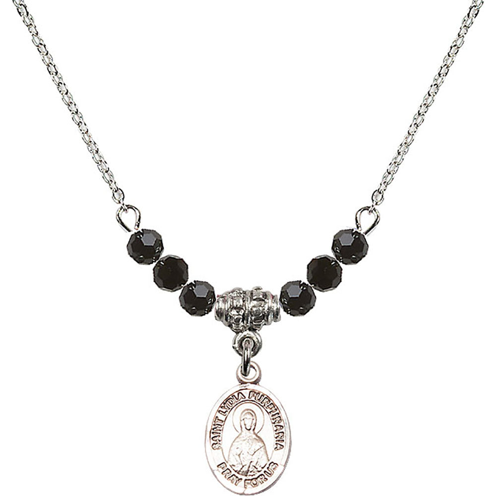 Sterling Silver Saint Lydia Purpuraria Birthstone Necklace with Jet Beads - 9411