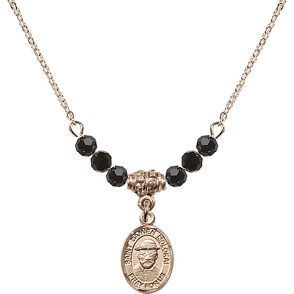 14kt Gold Filled Saint Damien of Molokai Birthstone Necklace with Jet Beads - 9412