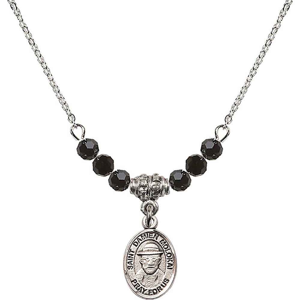 Sterling Silver Saint Damien of Molokai Birthstone Necklace with Jet Beads - 9412