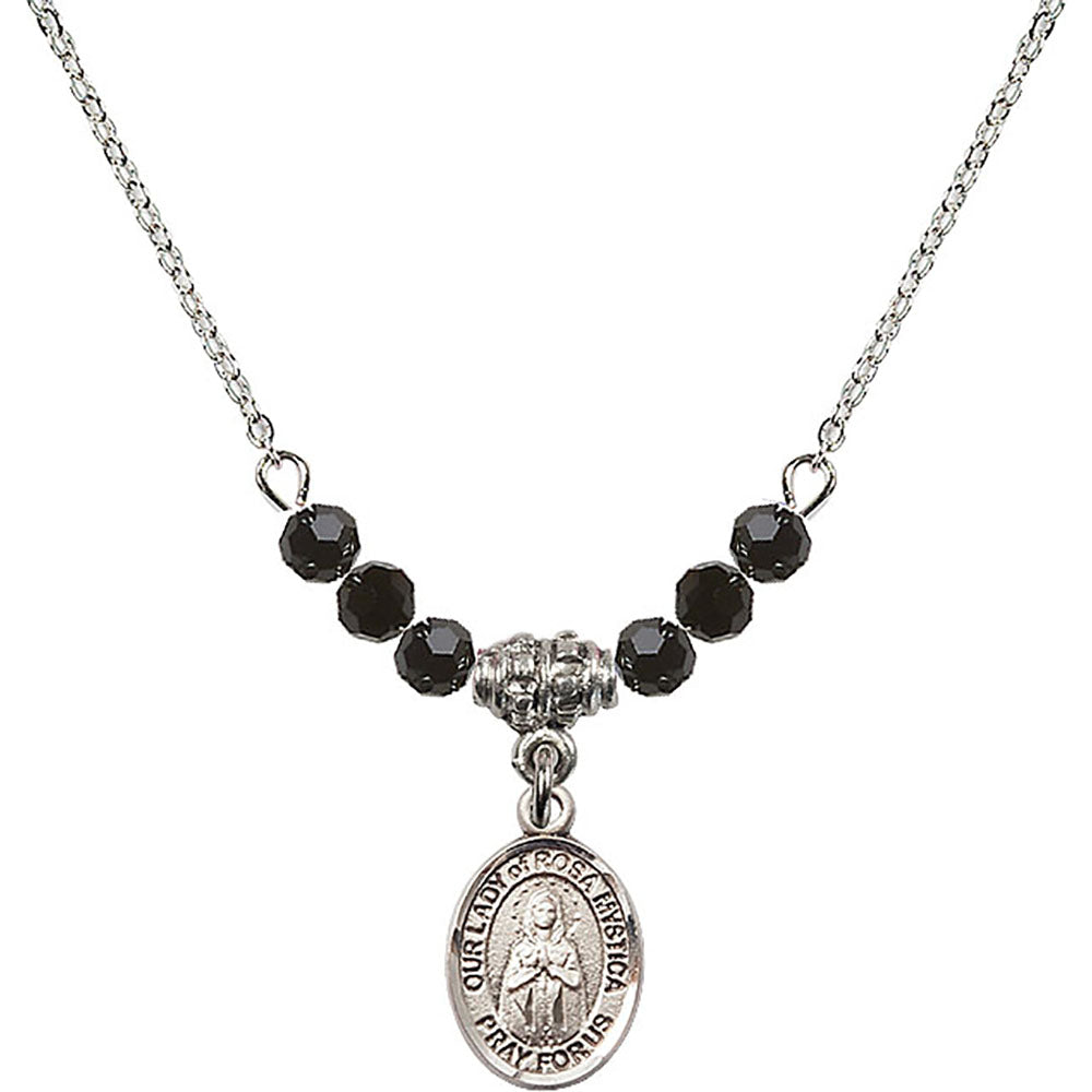 Sterling Silver Our Lady of Rosa Mystica Birthstone Necklace with Jet Beads - 9413