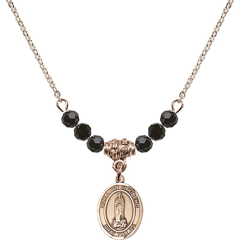 14kt Gold Filled Our Lady of Kibeho Birthstone Necklace with Jet Beads - 9414