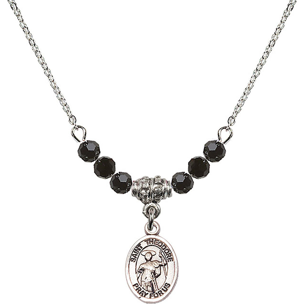 Sterling Silver Saint Theodore Stratelates Birthstone Necklace with Jet Beads - 9415
