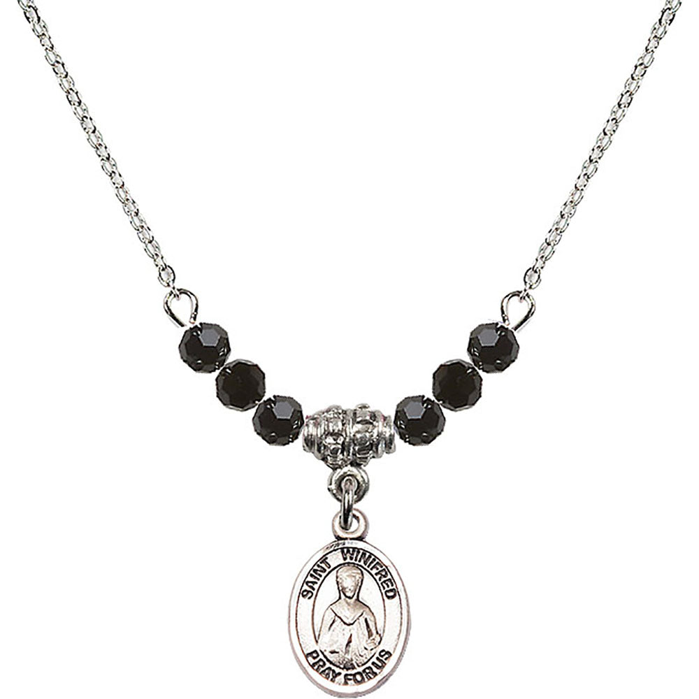 Sterling Silver Saint Winifred of Wales Birthstone Necklace with Jet Beads - 9419