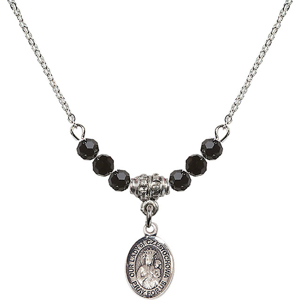 Sterling Silver Our Lady of Czestochowa Birthstone Necklace with Jet Beads - 9421