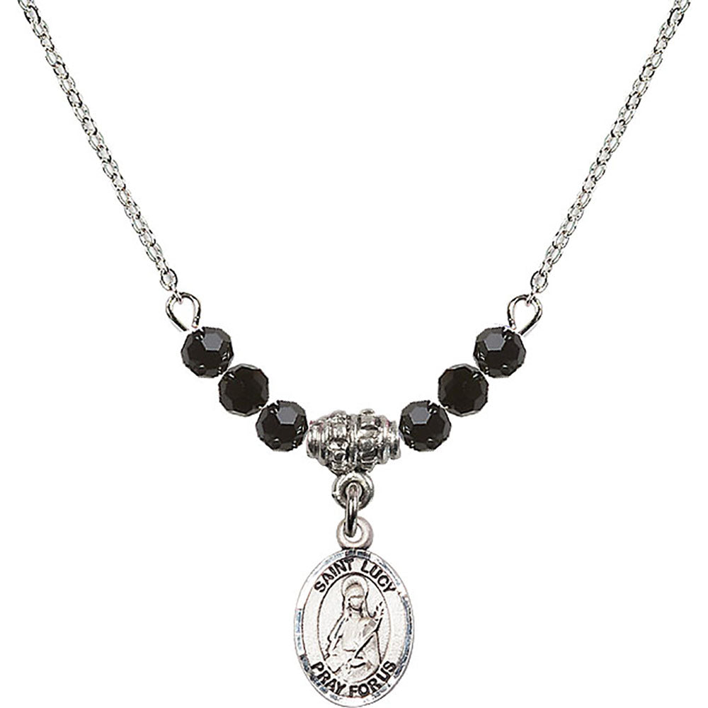Sterling Silver Saint Lucy Birthstone Necklace with Jet Beads - 9422