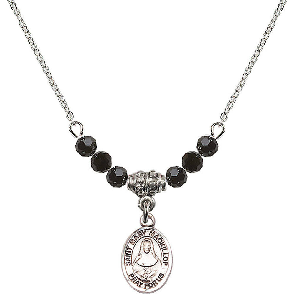 Sterling Silver Saint Mary Mackillop Birthstone Necklace with Jet Beads - 9425